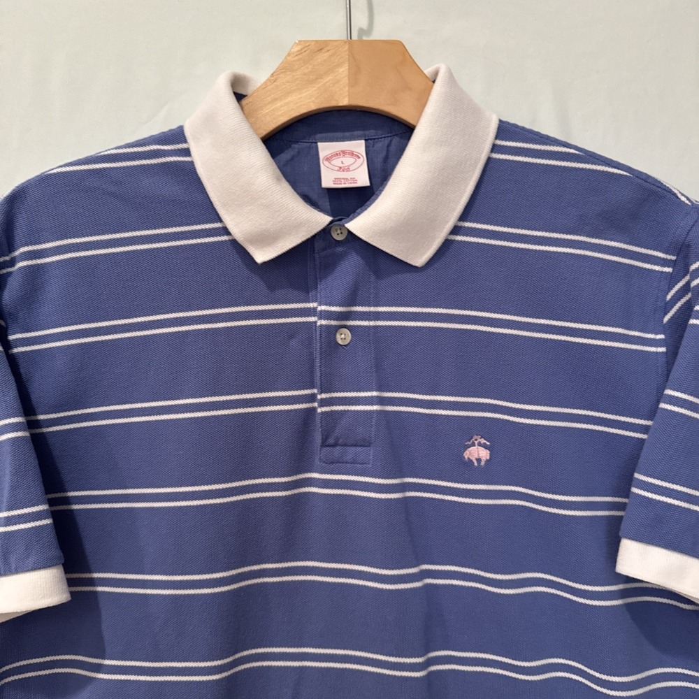 Brooks Brothers Polo Shirt Mens Large Blue/White Striped Cotton 346 Pink Logo